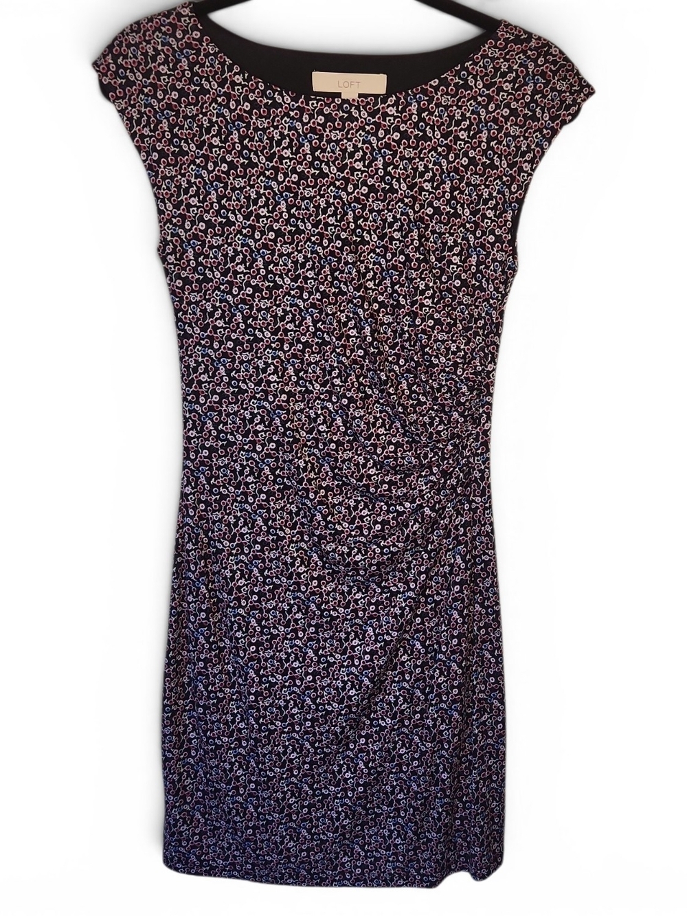 NWT LOFT Black Ditsy Floral Cap-Sleeve Ruched Sheath Dress Size XS